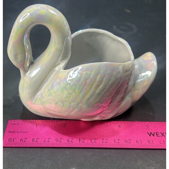 Vintage Cerami Off White blueish iridescent Swan Planter/trinet Vase 5.5 X 4 - Picture 8 of 9